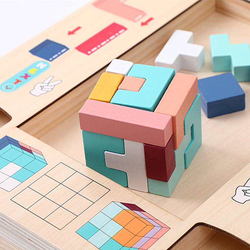 Wooden children's enlightenment multifunctional spatial thinking puzzle game Tetris three in one building blocks 🇨🇳