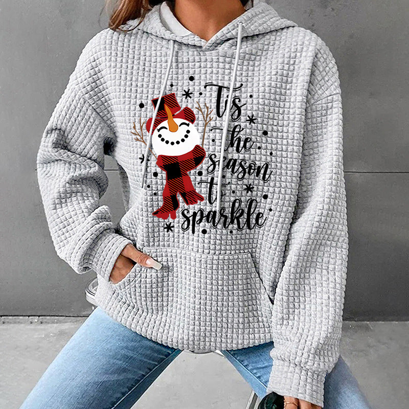 Waffle Hoodie Long Sleeve Snowman Pattern Printed Sweatshirt 🇨🇳