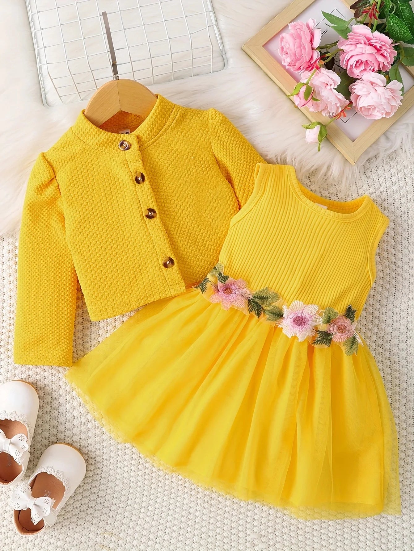 Baby girl waist flower design vest spliced mesh dress and jacket/Cardigan 🇨🇳