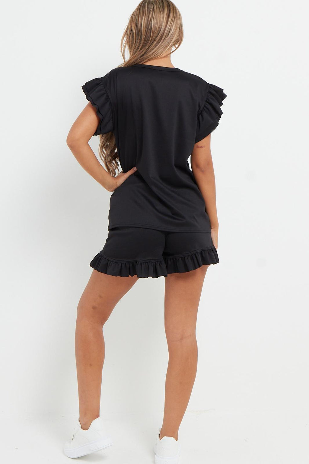 Ladies V Neck Frill Peplum Sleeve Top and Short 2 Piece Tracksuit Set 🇬🇧