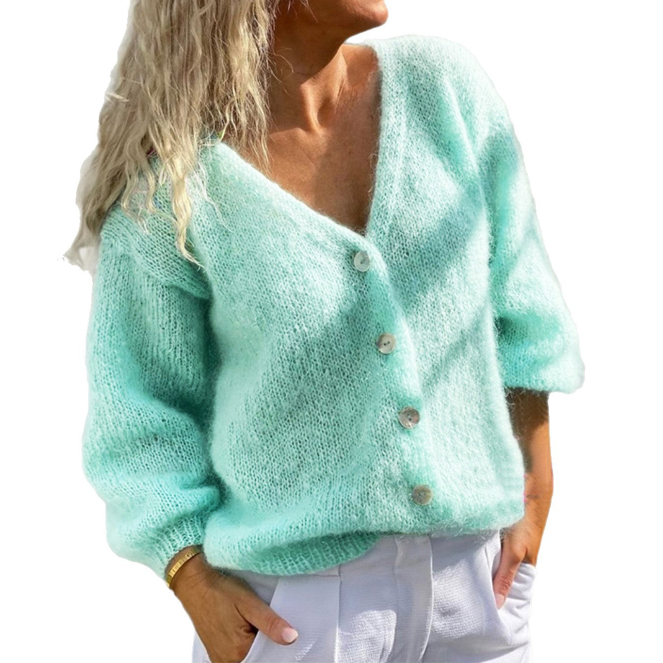 Deep V-neck Solid Colour Buttoned Cardigan 🇨🇳