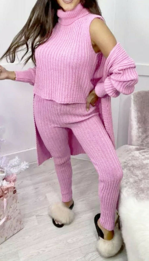 Ladies 3 Piece Suit Roll Neck Chunky Knitted Ribbed Tracksuit Lounge Set 🇬🇧