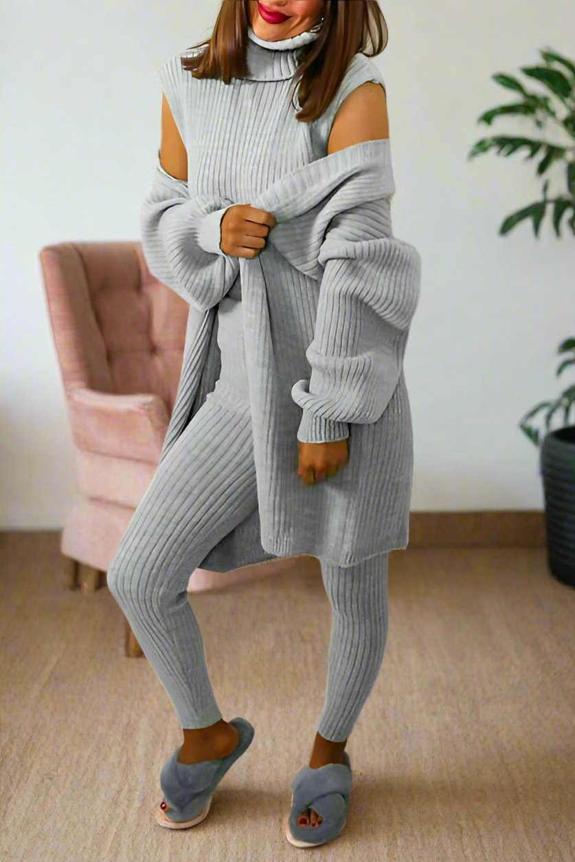 Ladies 3 Piece Suit Roll Neck Chunky Knitted Ribbed Tracksuit Lounge Set 🇬🇧