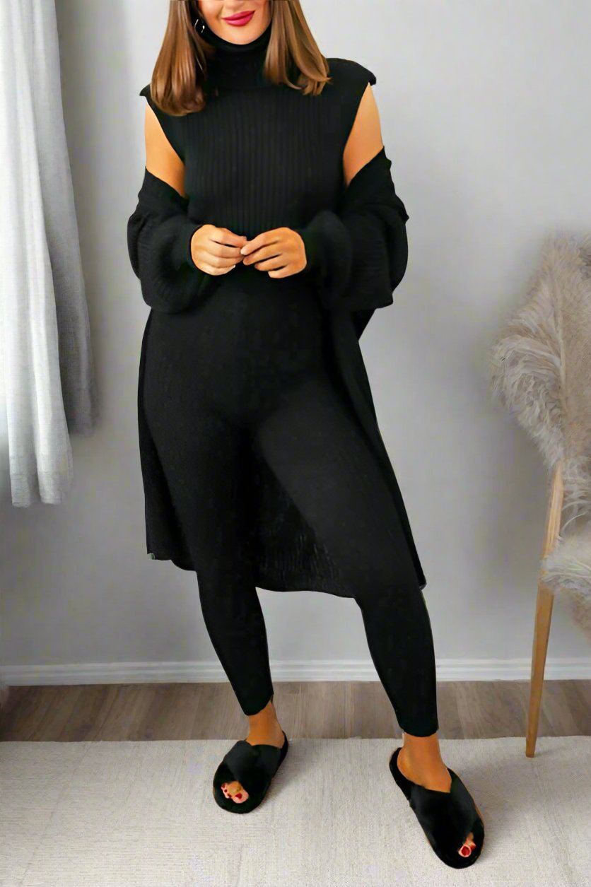 Ladies 3 Piece Suit Roll Neck Chunky Knitted Ribbed Tracksuit Lounge Set 🇬🇧