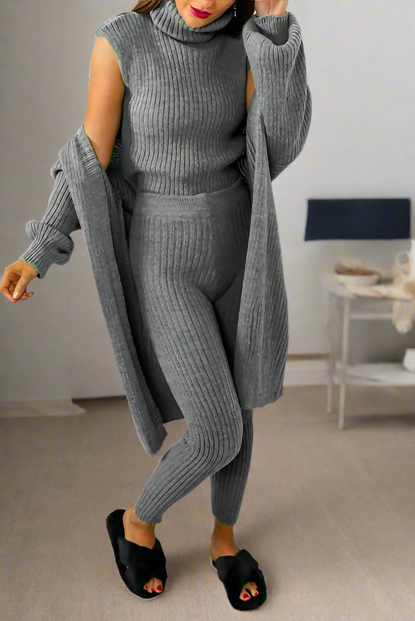 Ladies 3 Piece Suit Roll Neck Chunky Knitted Ribbed Tracksuit Lounge Set 🇬🇧