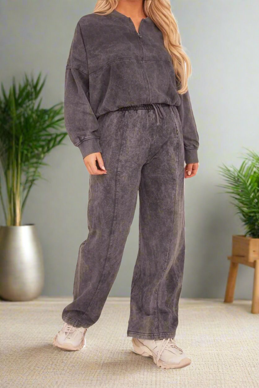 Acid Wash Effect Fleece Zip Front Bomber Sweatshirt & Joggers Loungewear Co-Ord Set 🇬🇧