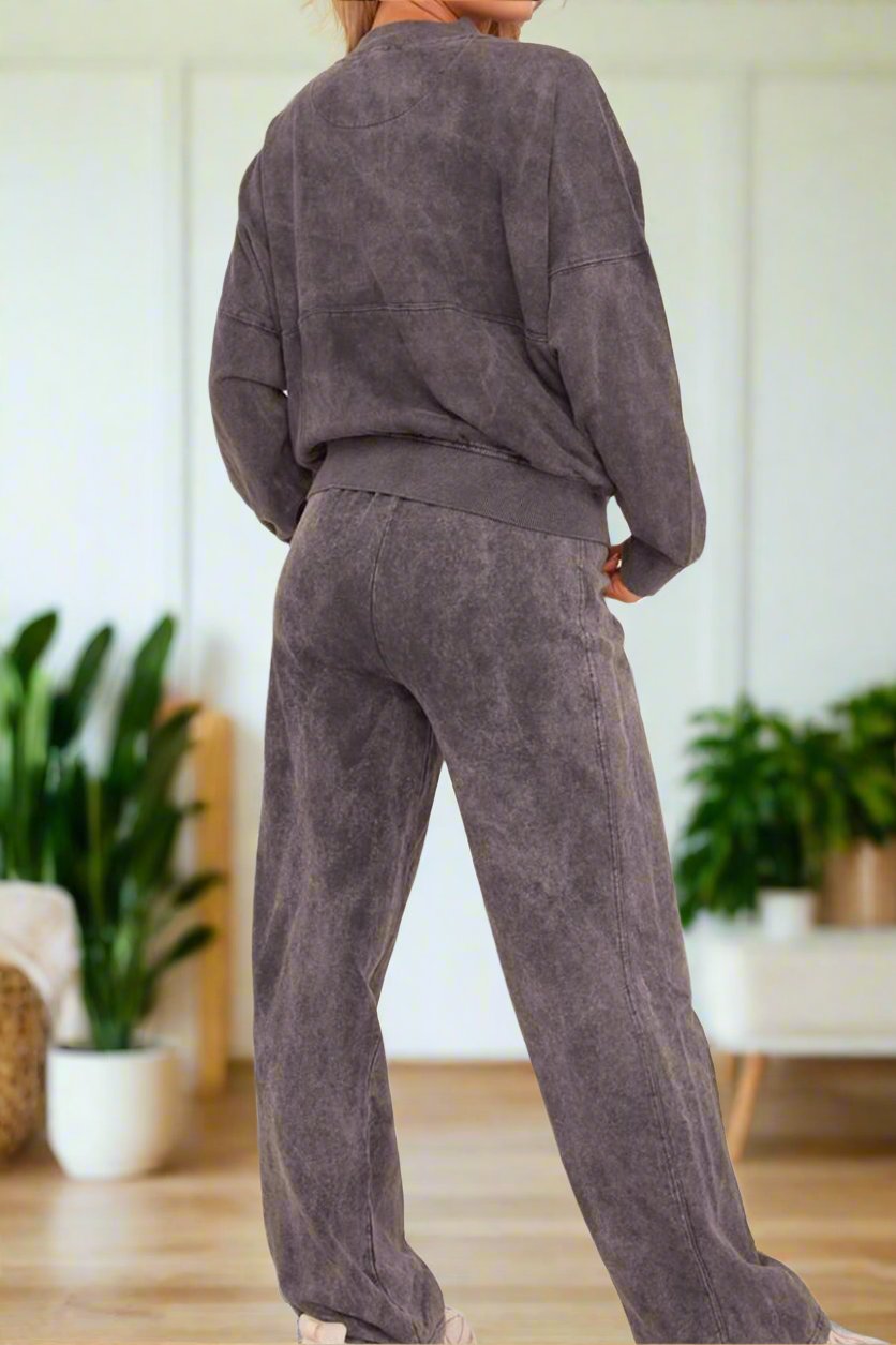 Acid Wash Effect Fleece Zip Front Bomber Sweatshirt & Joggers Loungewear Co-Ord Set 🇬🇧