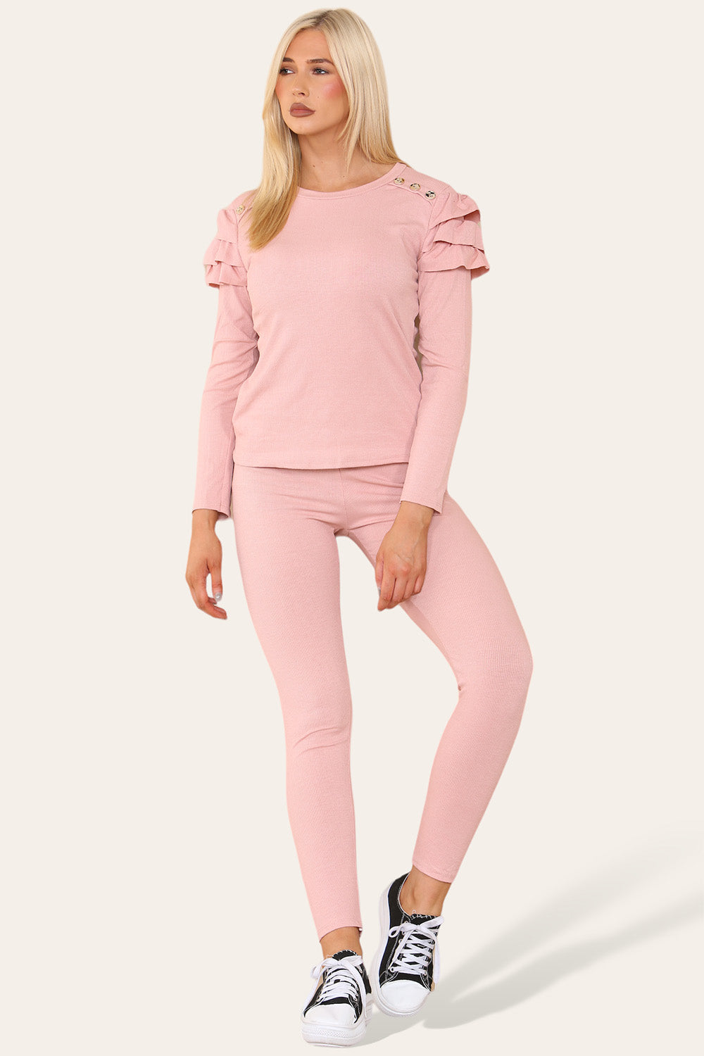 Frilled Sleeves Set Shoulder Golden Button Lounge Wear Suit 🇬🇧