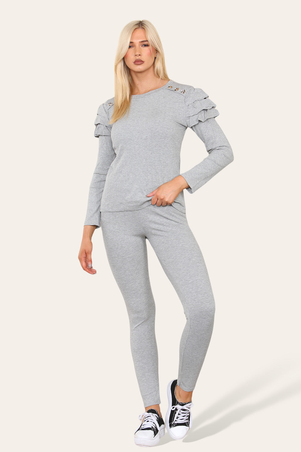 Frilled Sleeves Set Shoulder Golden Button Lounge Wear Suit 🇬🇧
