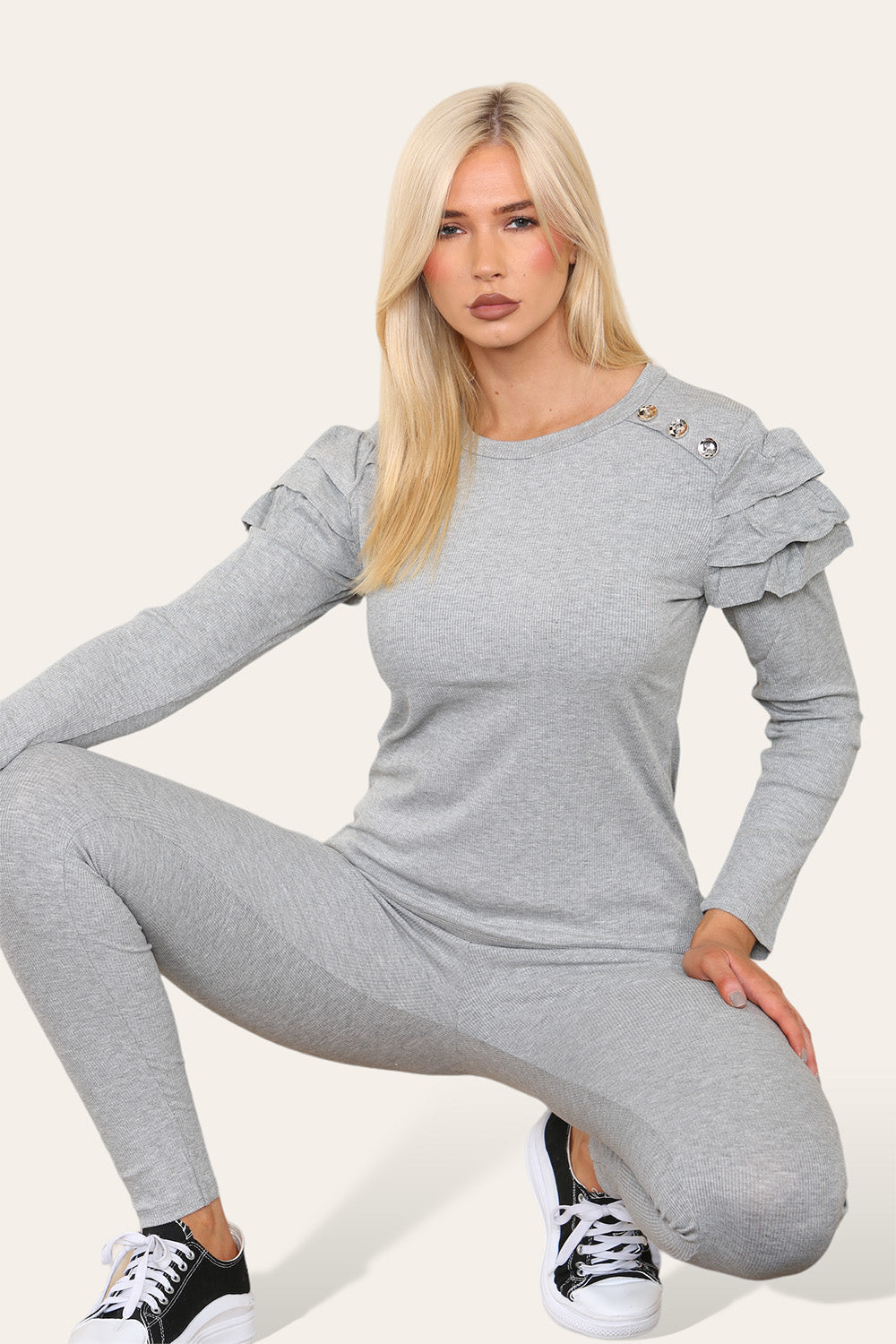 Frilled Sleeves Set Shoulder Golden Button Lounge Wear Suit 🇬🇧