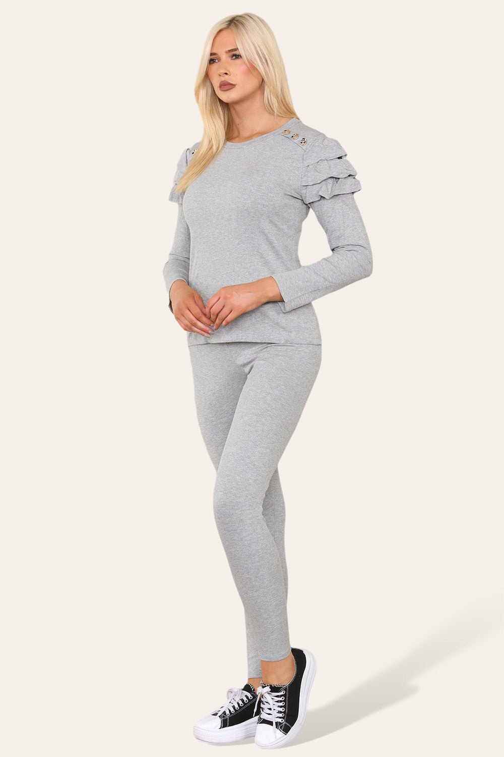 Frilled Sleeves Set Shoulder Golden Button Lounge Wear Suit 🇬🇧