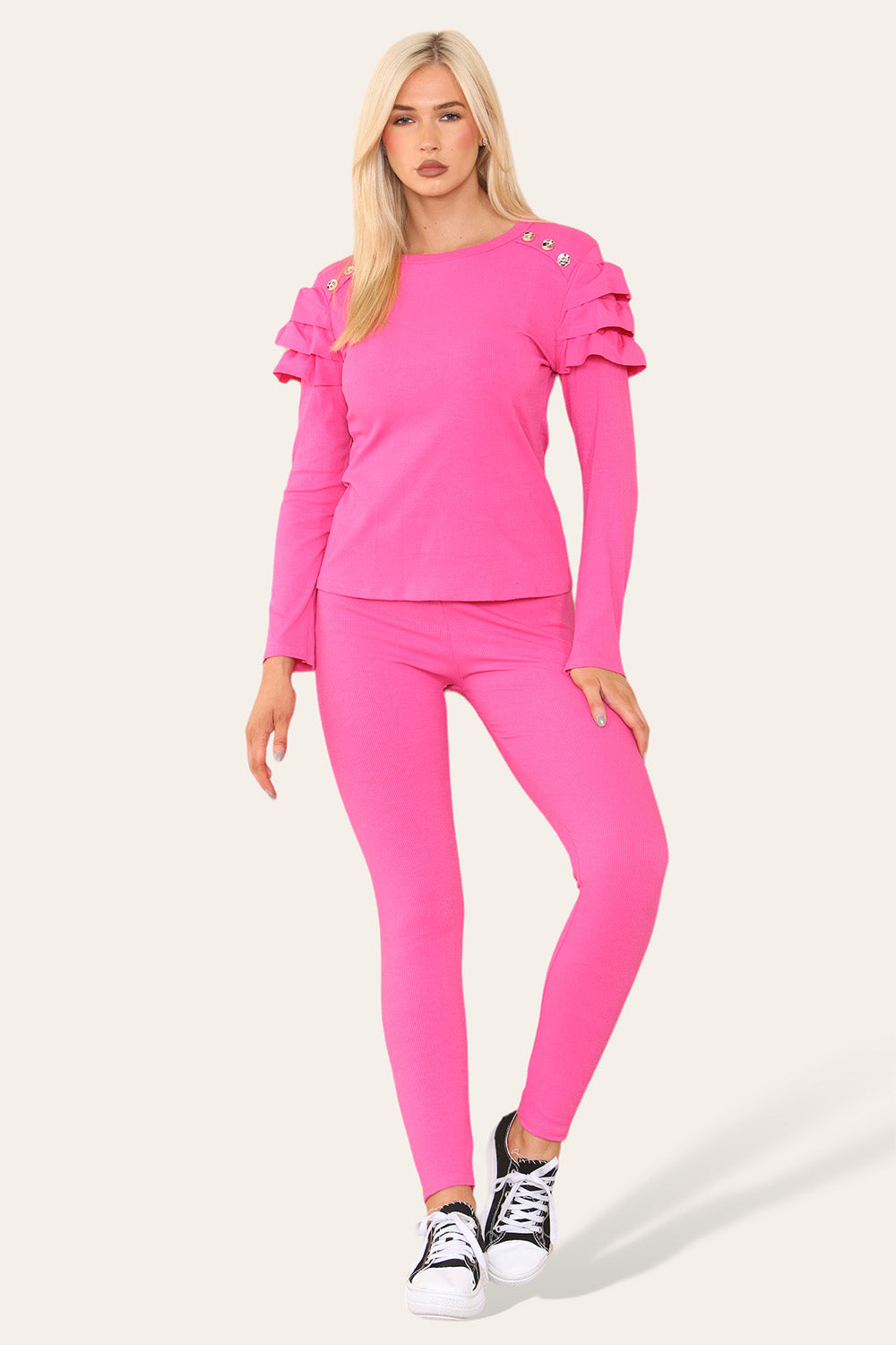 Frilled Sleeves Set Shoulder Golden Button Lounge Wear Suit 🇬🇧