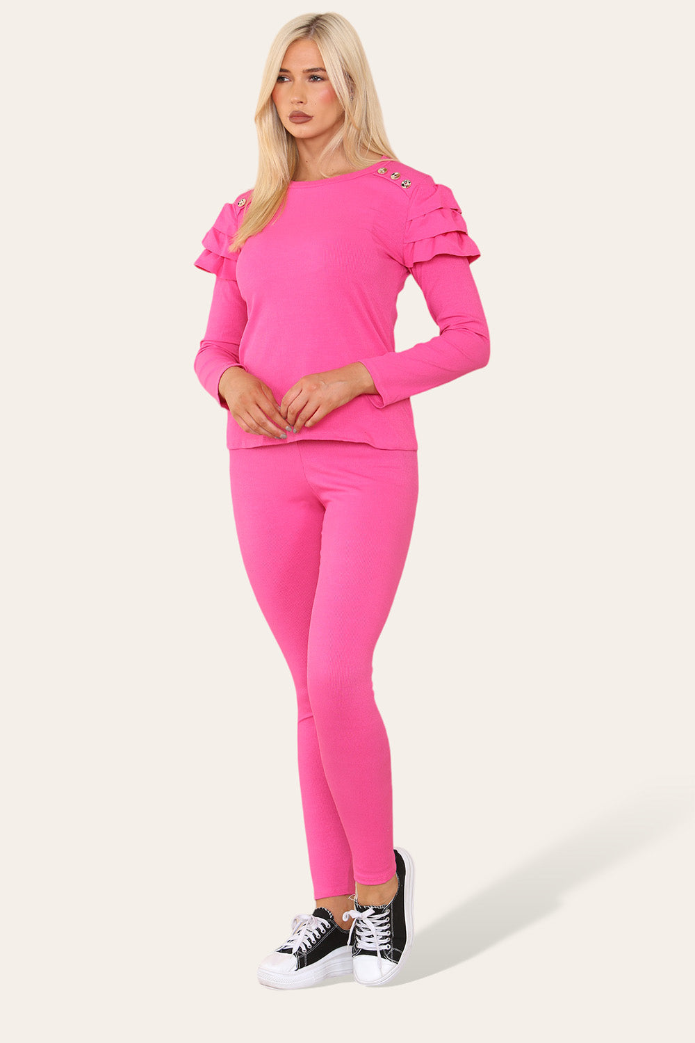 Frilled Sleeves Set Shoulder Golden Button Lounge Wear Suit 🇬🇧