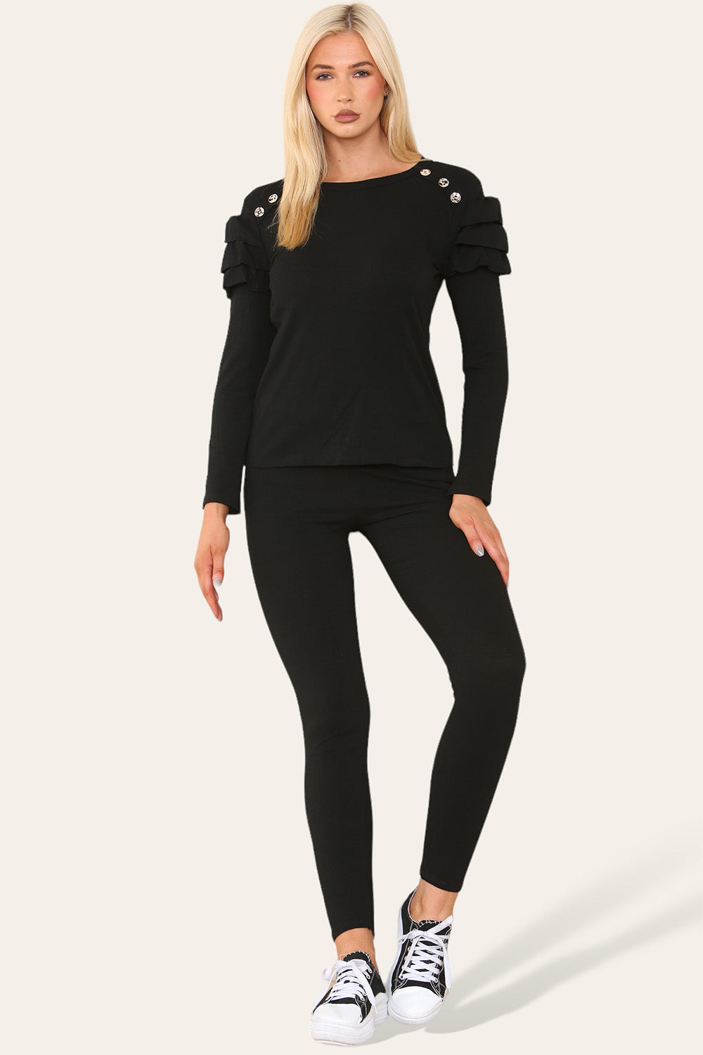 Frilled Sleeves Set Shoulder Golden Button Lounge Wear Suit 🇬🇧
