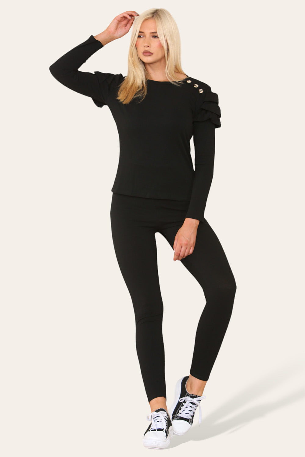 Frilled Sleeves Set Shoulder Golden Button Lounge Wear Suit 🇬🇧