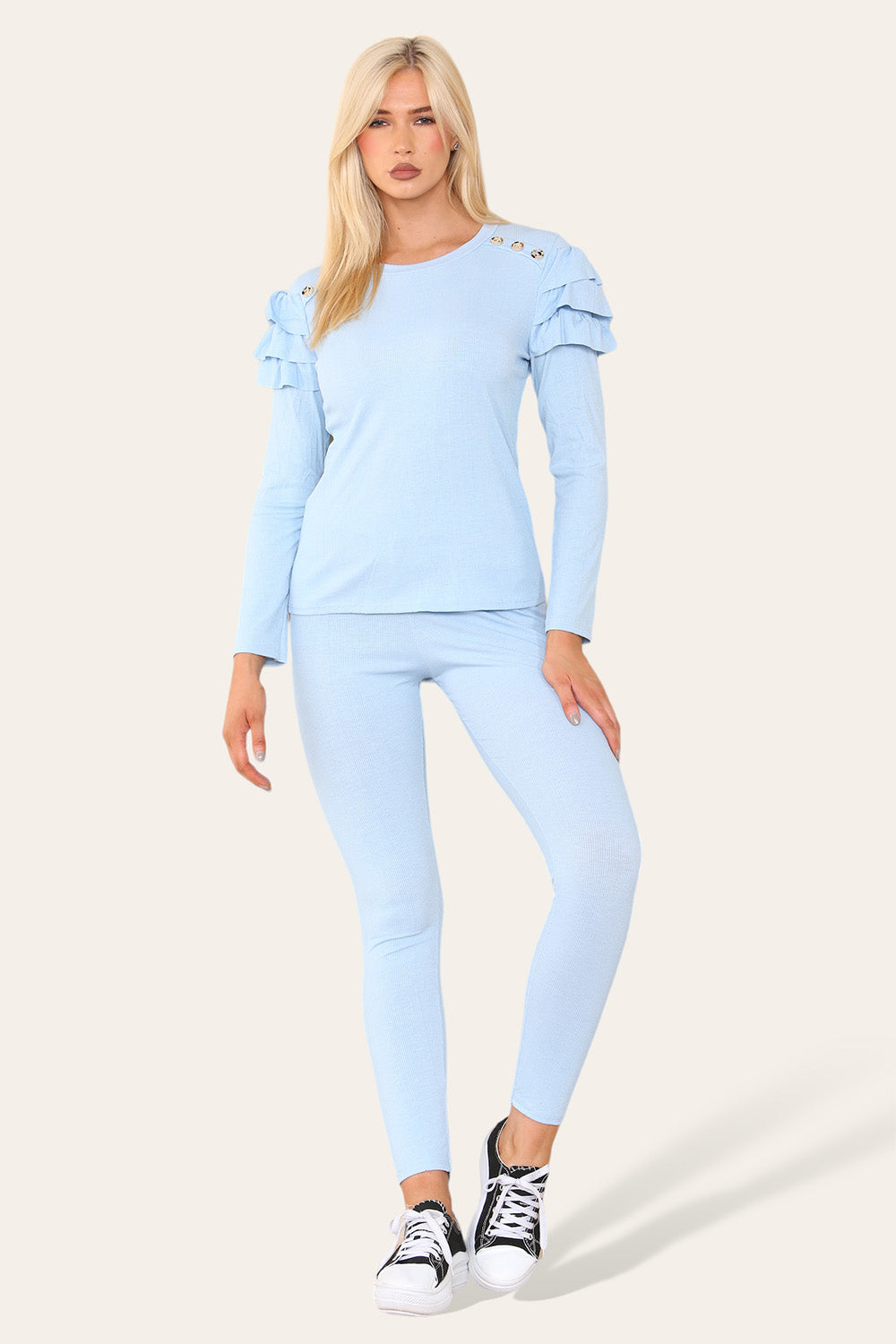 Frilled Sleeves Set Shoulder Golden Button Lounge Wear Suit 🇬🇧