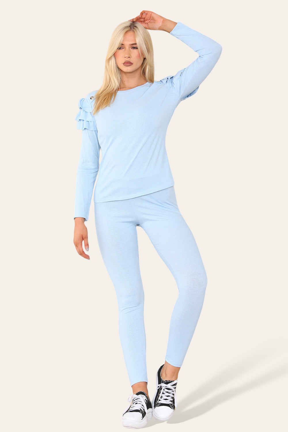 Frilled Sleeves Set Shoulder Golden Button Lounge Wear Suit 🇬🇧