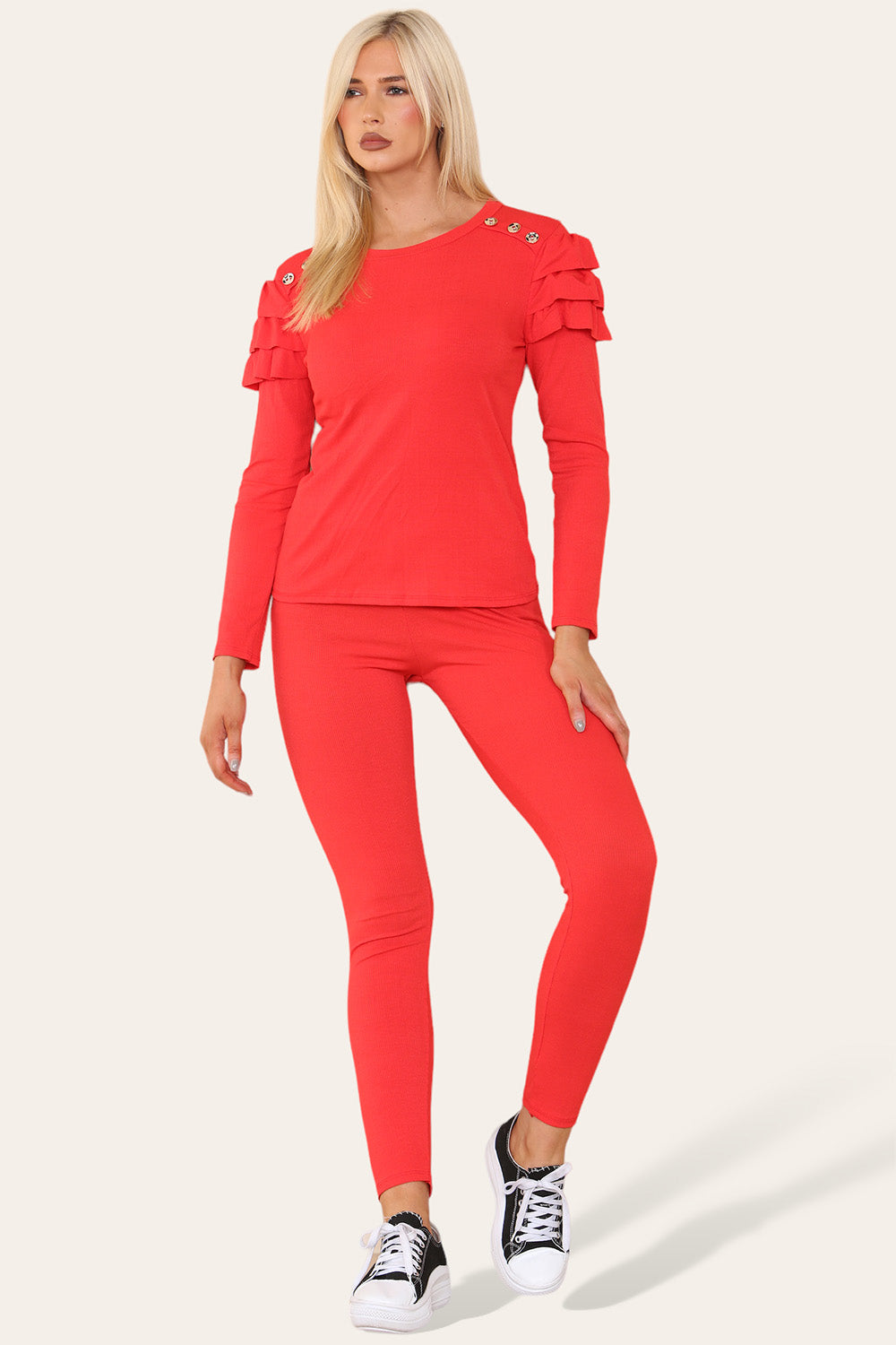 Frilled Sleeves Set Shoulder Golden Button Lounge Wear Suit 🇬🇧