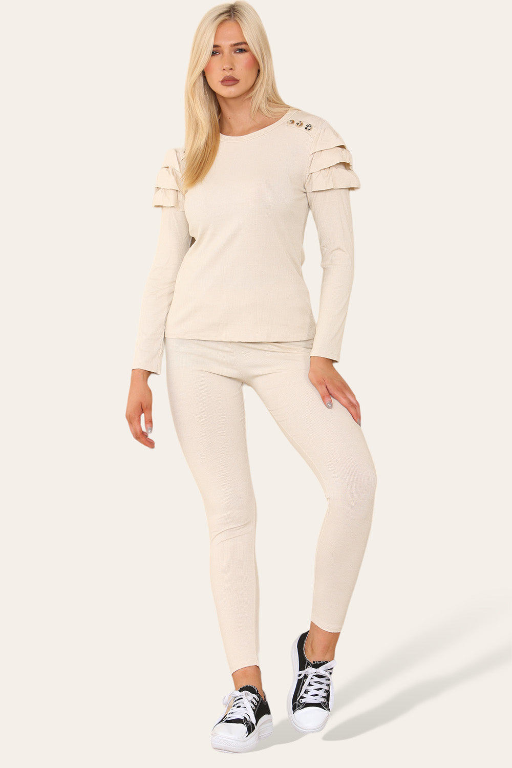 Frilled Sleeves Set Shoulder Golden Button Lounge Wear Suit 🇬🇧
