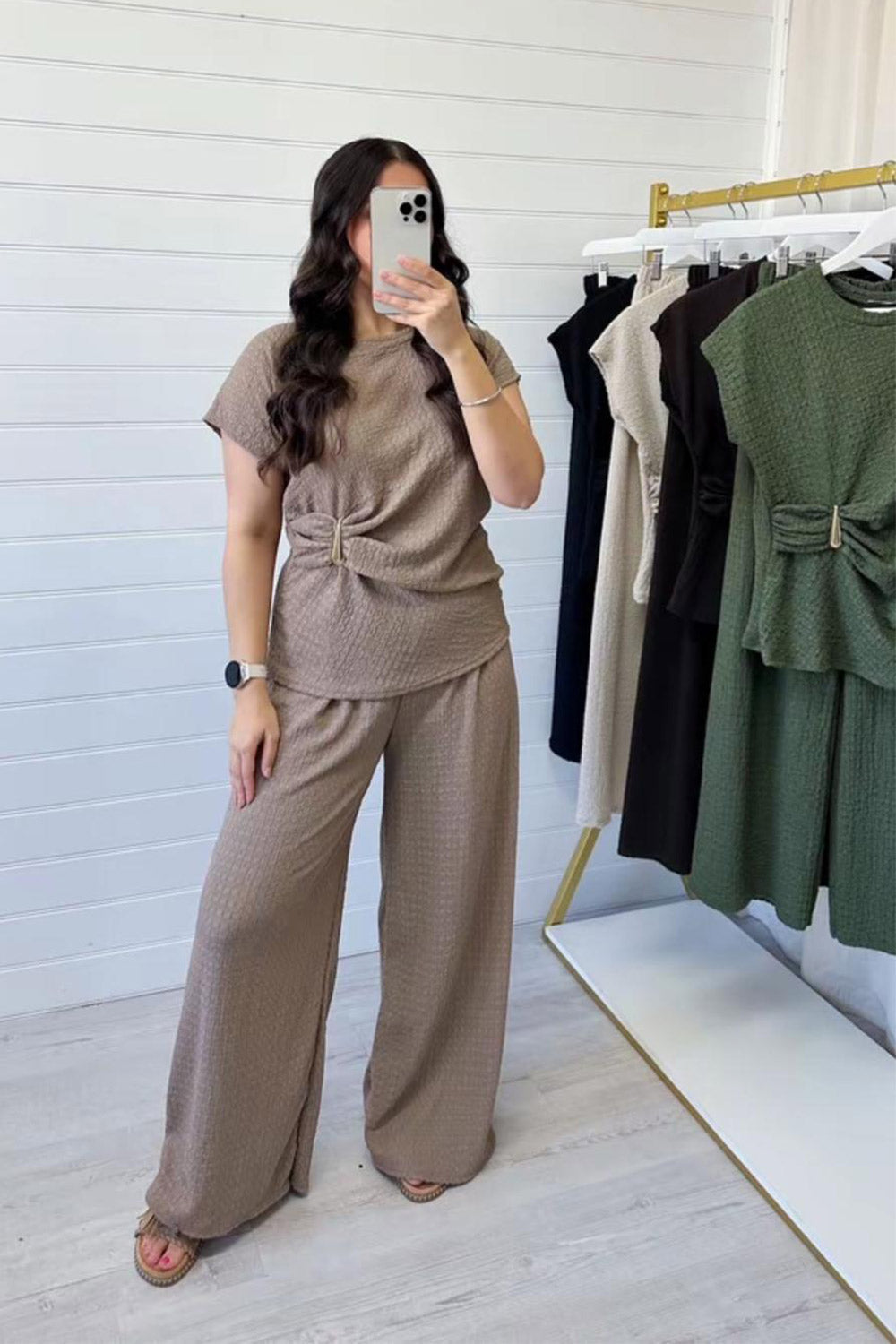 Ladies Gold Clasp Side Ruched Buckle detail Top and Wide Leg Trousers Cheesecloth Lightweight Summer Co-Ord 🇬🇧