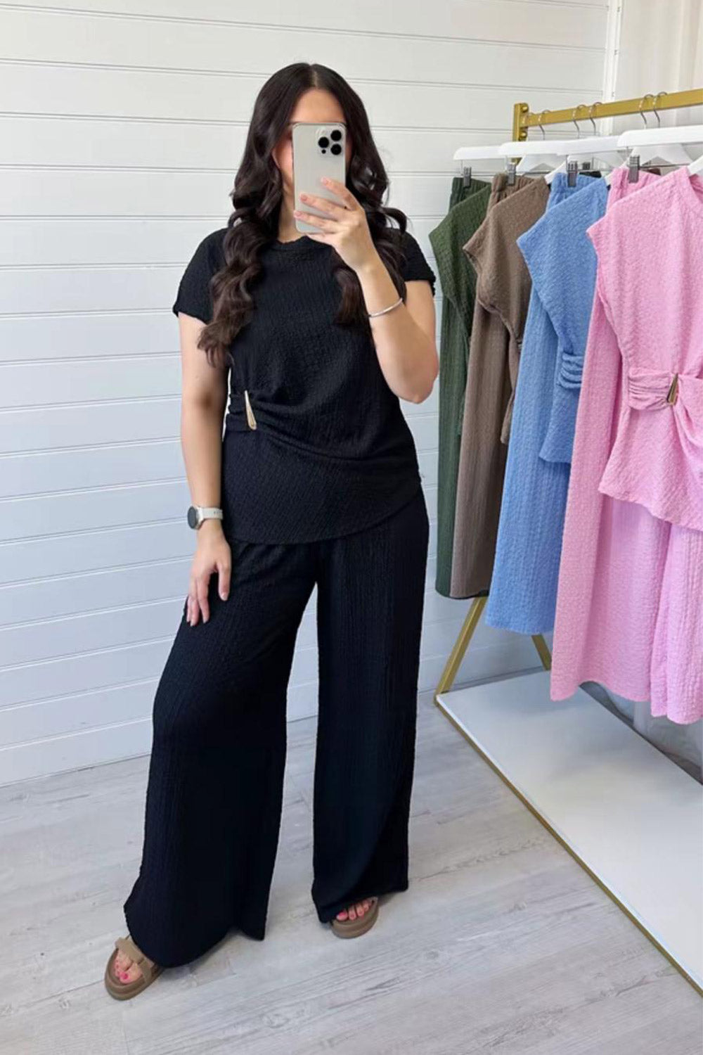 Ladies Gold Clasp Side Ruched Buckle detail Top and Wide Leg Trousers Cheesecloth Lightweight Summer Co-Ord 🇬🇧