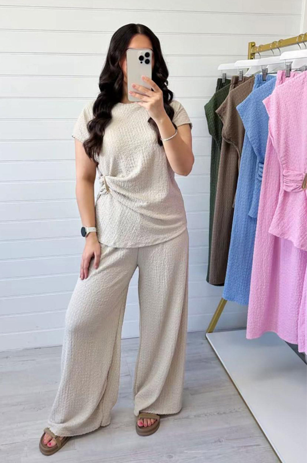 Ladies Gold Clasp Side Ruched Buckle detail Top and Wide Leg Trousers Cheesecloth Lightweight Summer Co-Ord 🇬🇧