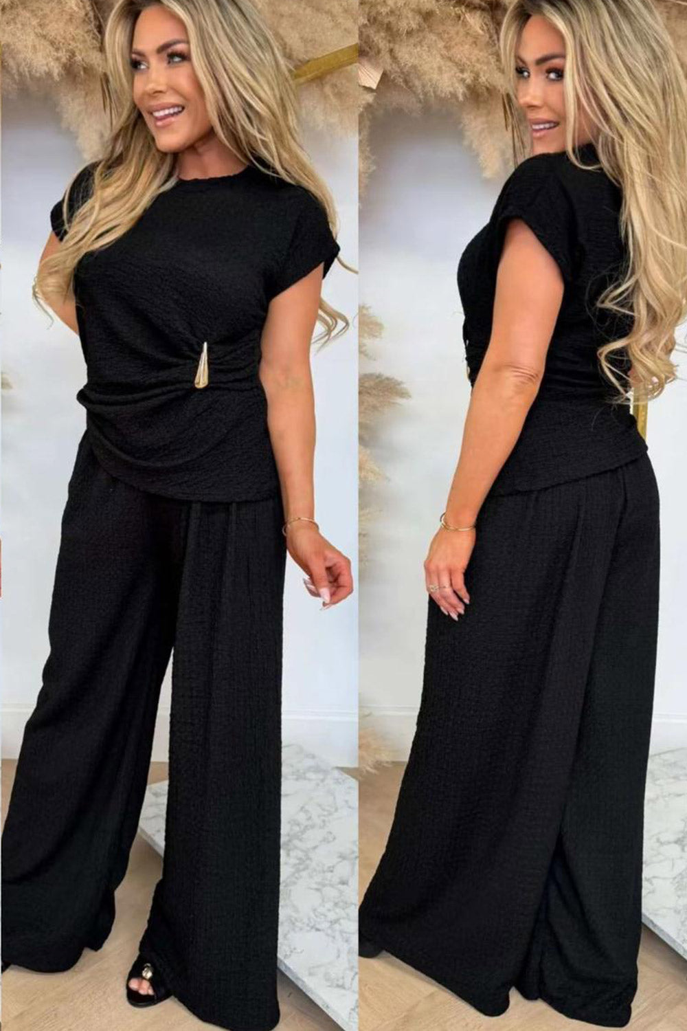 Ladies Gold Clasp Side Ruched Buckle detail Top and Wide Leg Trousers Cheesecloth Lightweight Summer Co-Ord 🇬🇧