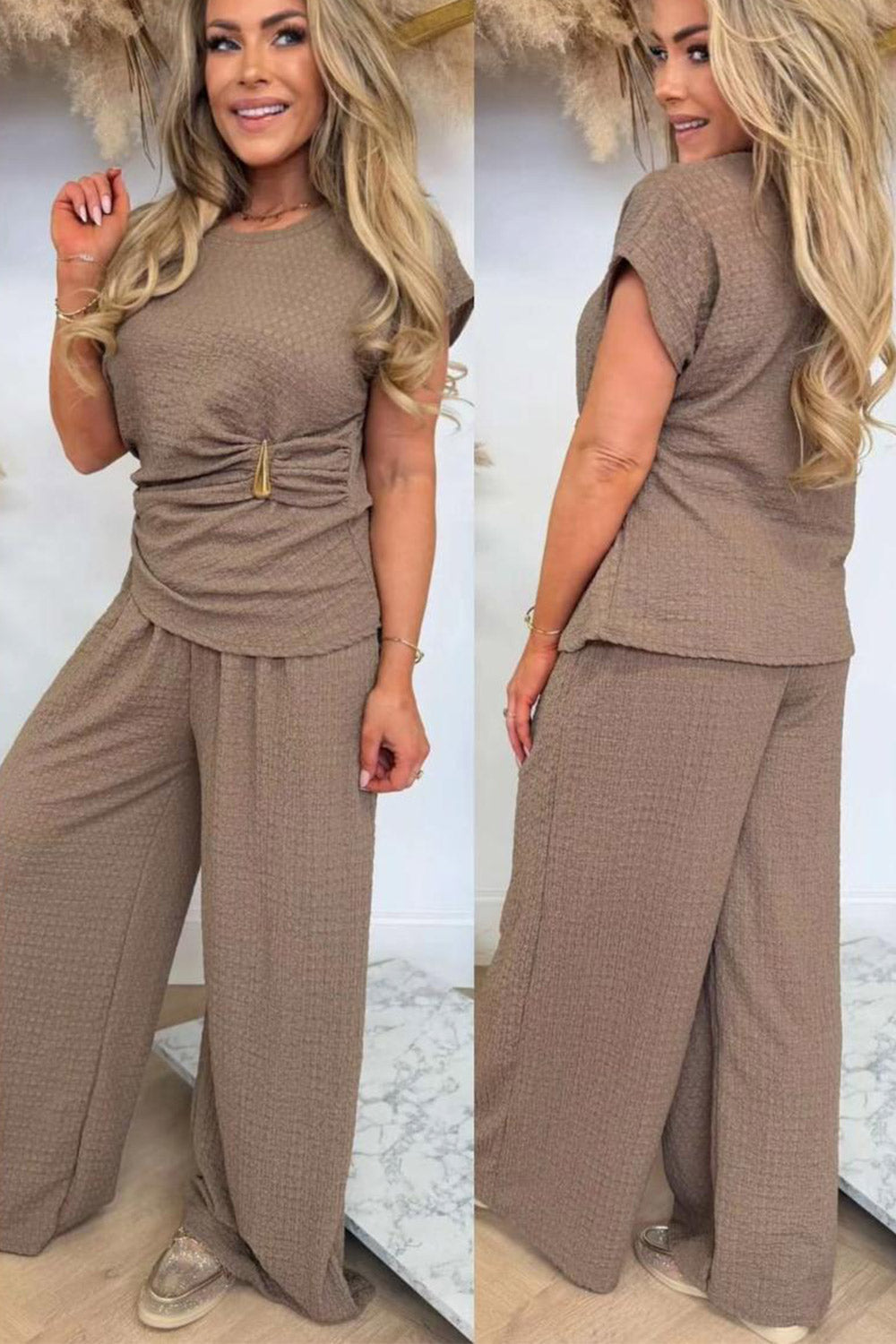 Ladies Gold Clasp Side Ruched Buckle detail Top and Wide Leg Trousers Cheesecloth Lightweight Summer Co-Ord 🇬🇧
