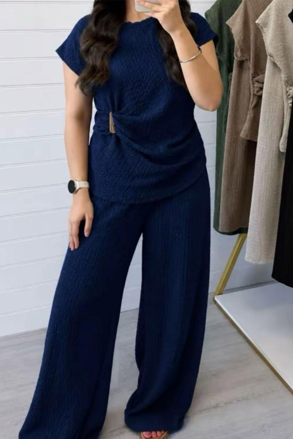 Ladies Gold Clasp Side Ruched Buckle detail Top and Wide Leg Trousers Cheesecloth Lightweight Summer Co-Ord 🇬🇧