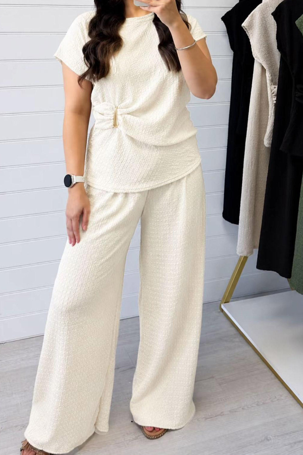 Ladies Gold Clasp Side Ruched Buckle detail Top and Wide Leg Trousers Cheesecloth Lightweight Summer Co-Ord 🇬🇧