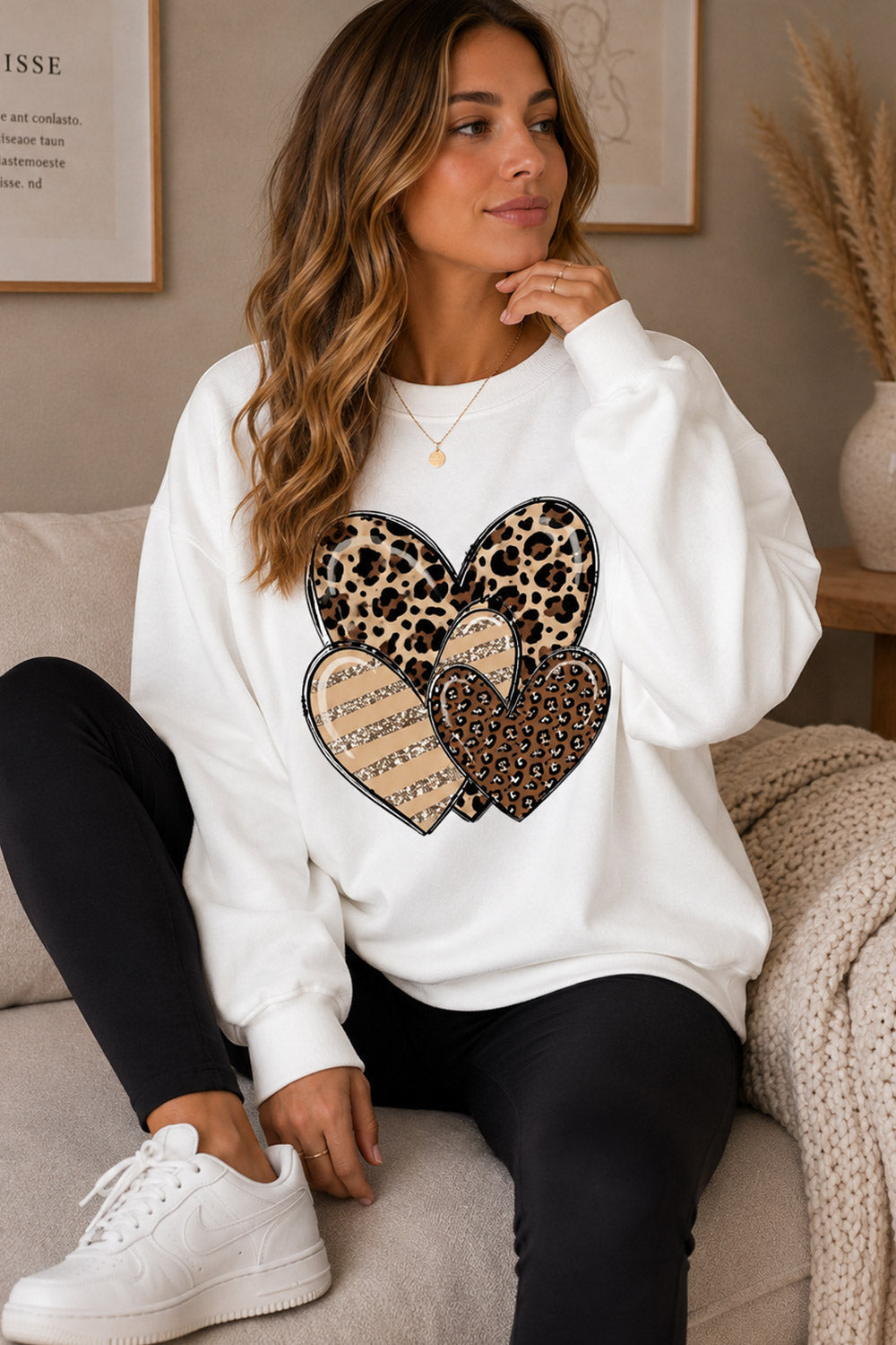 Ladies Long Sleeve Heart Stripe Leopard Print Round Neck Sweatshirt 🇬🇧