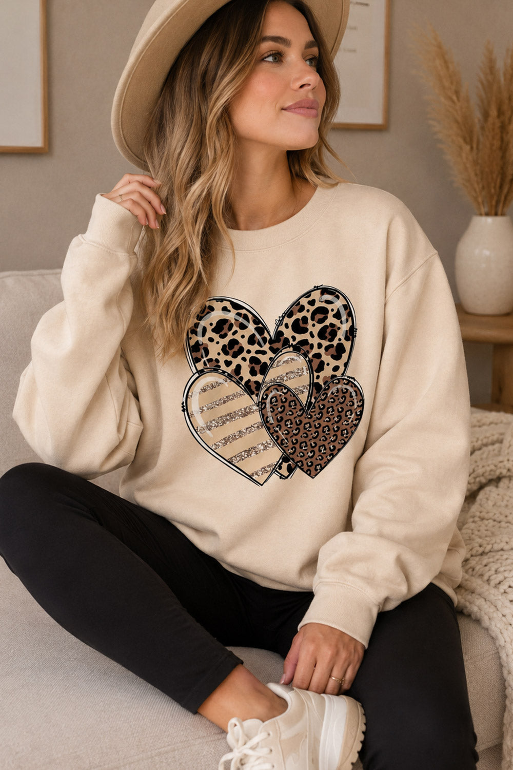 Ladies Long Sleeve Heart Stripe Leopard Print Round Neck Sweatshirt 🇬🇧