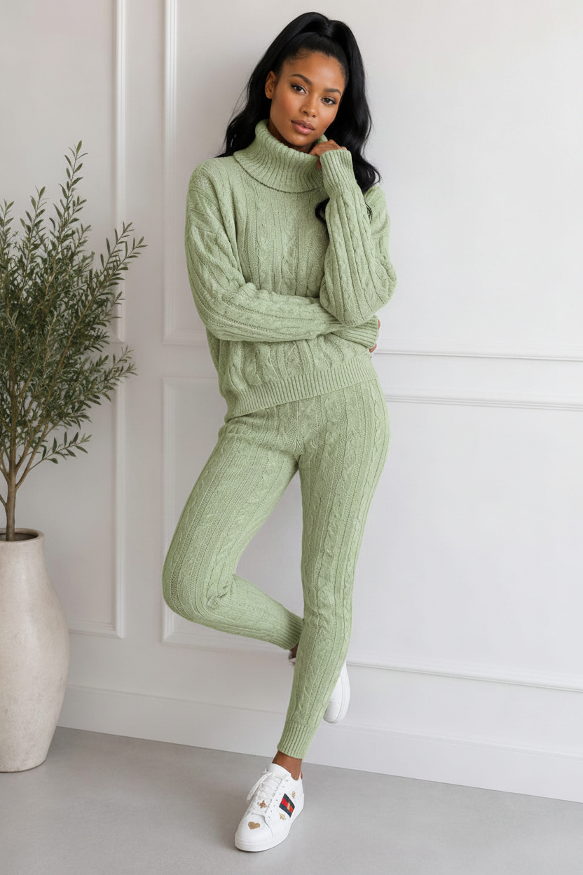 Ladies Chunky Knitted Ribbed Polo High Neck Top Leggings Loungewear Suit Set 🇬🇧