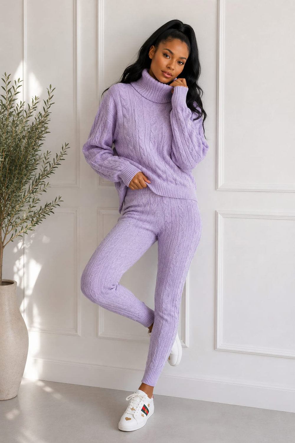 Ladies Chunky Knitted Ribbed Polo High Neck Top Leggings Loungewear Suit Set 🇬🇧