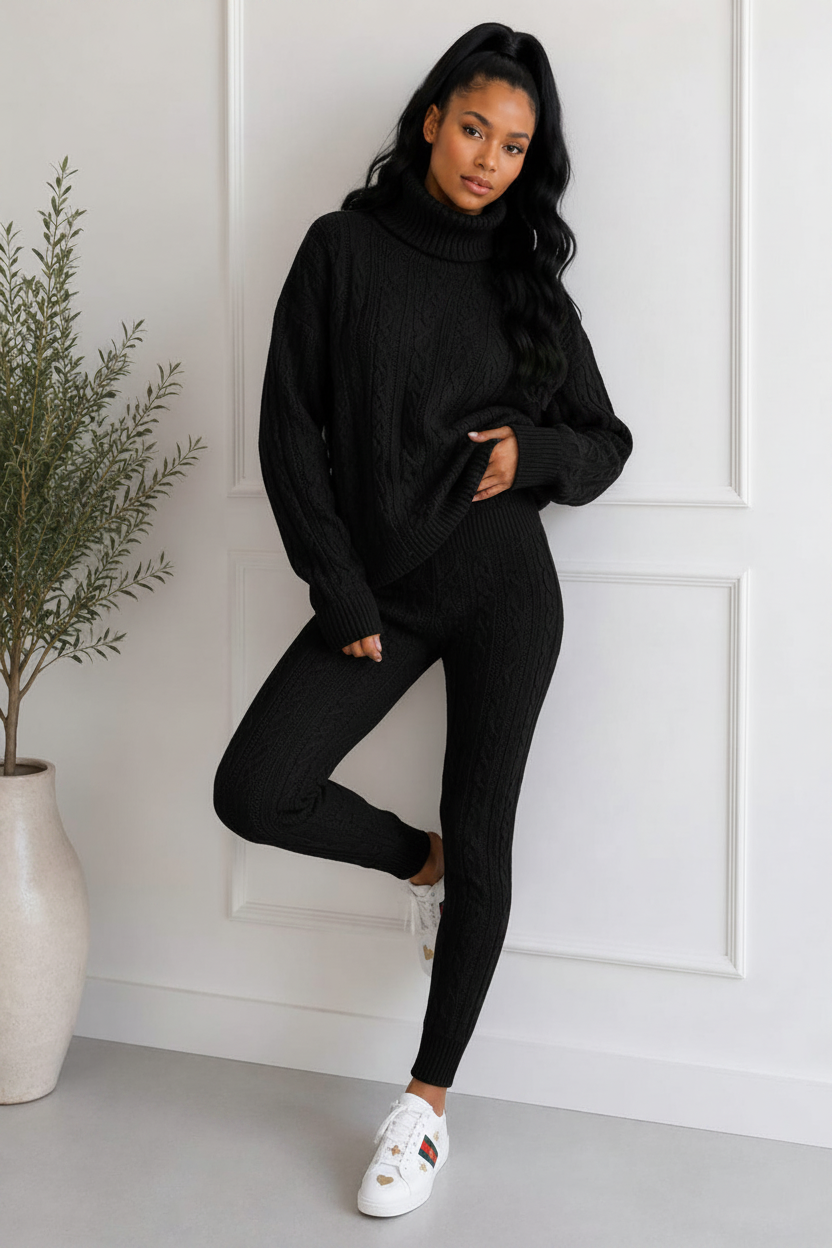 Ladies Chunky Knitted Ribbed Polo High Neck Top Leggings Loungewear Suit Set 🇬🇧