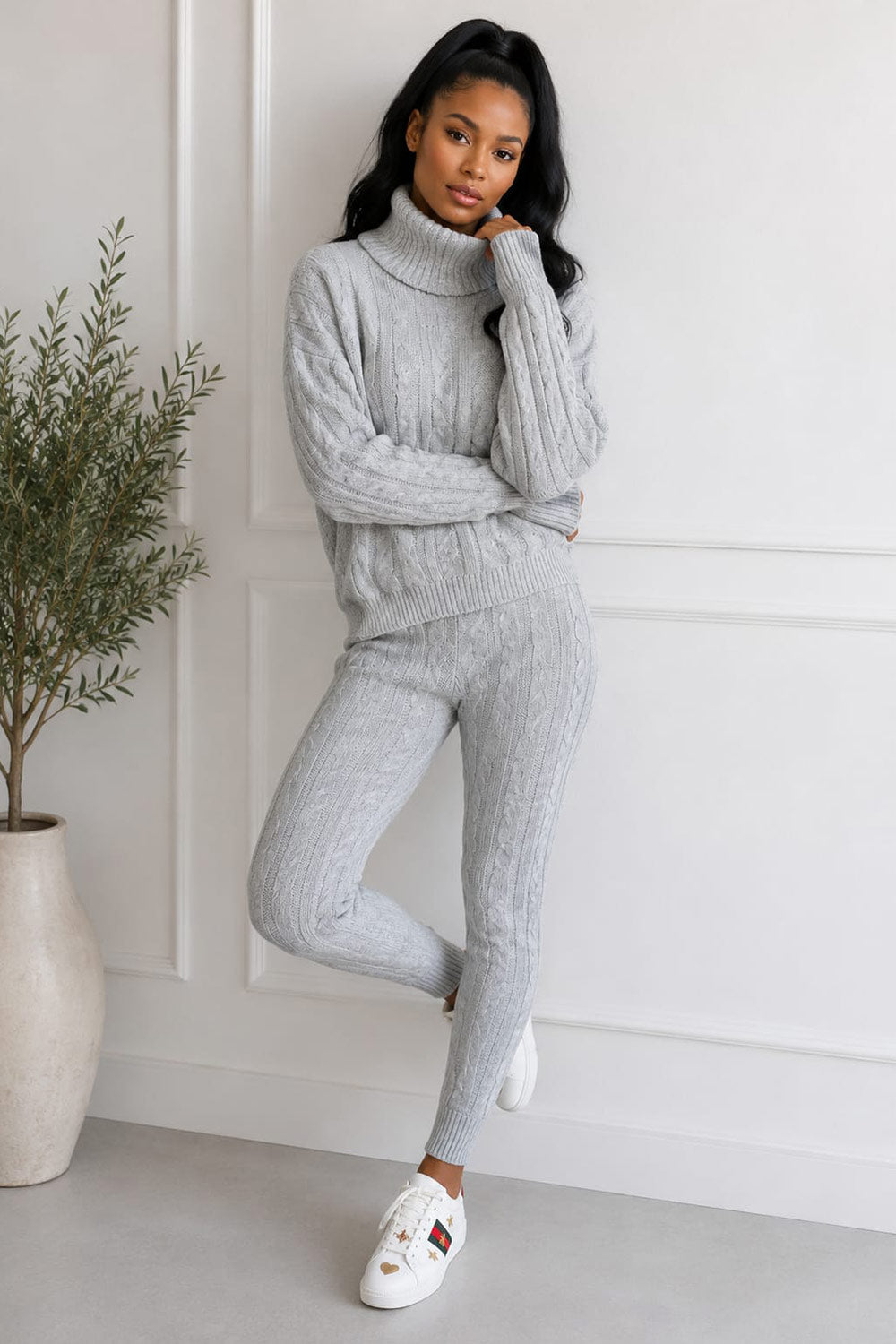 Ladies Chunky Knitted Ribbed Polo High Neck Top Leggings Loungewear Suit Set 🇬🇧