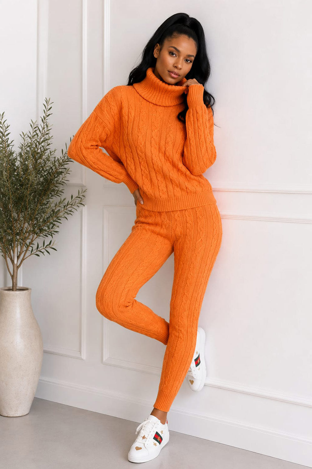 Ladies Chunky Knitted Ribbed Polo High Neck Top Leggings Loungewear Suit Set 🇬🇧
