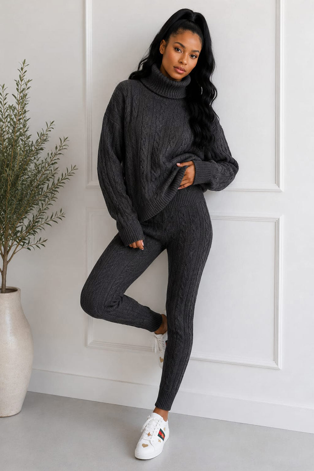 Ladies Chunky Knitted Ribbed Polo High Neck Top Leggings Loungewear Suit Set 🇬🇧