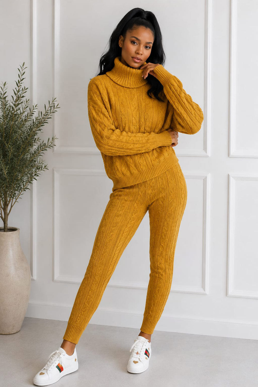 Ladies Chunky Knitted Ribbed Polo High Neck Top Leggings Loungewear Suit Set 🇬🇧