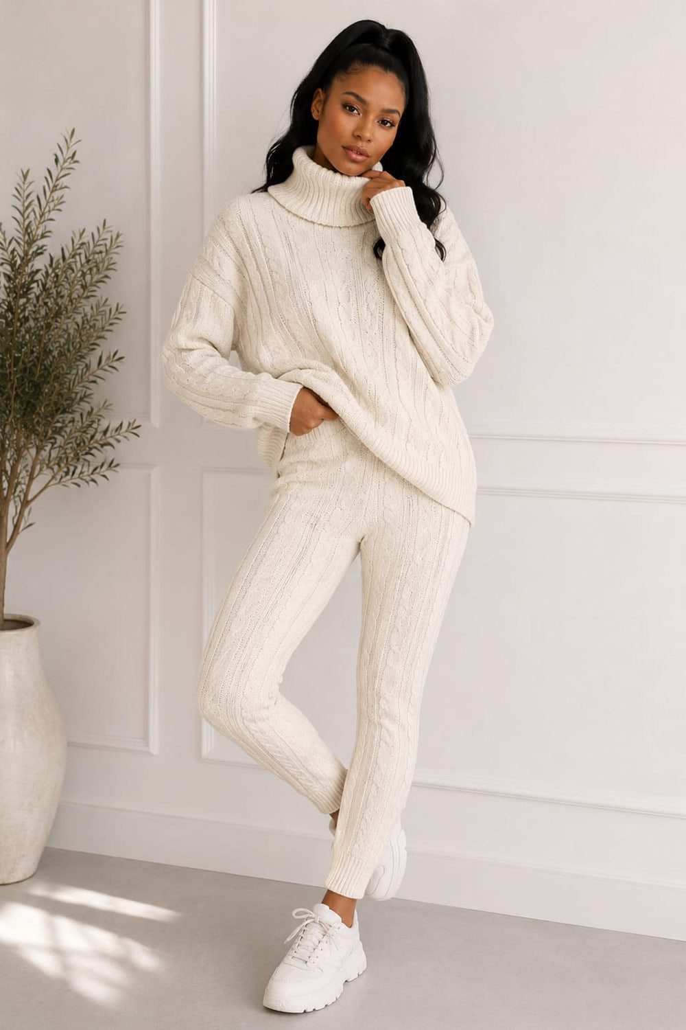 Ladies Chunky Knitted Ribbed Polo High Neck Top Leggings Loungewear Suit Set 🇬🇧
