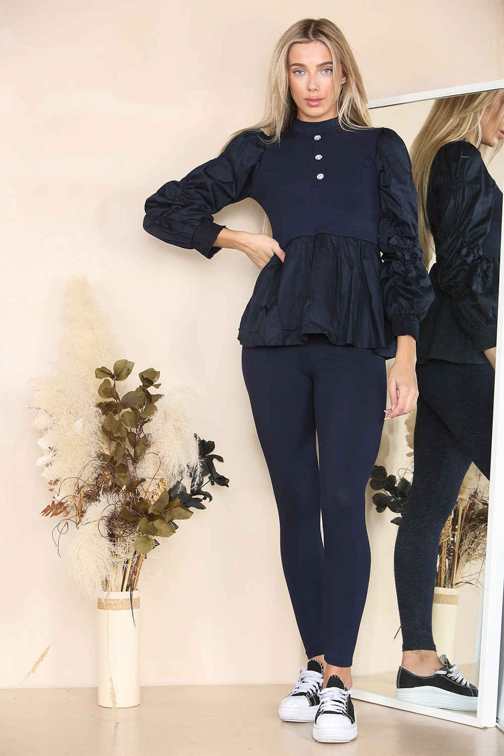 Long Ruched Sleeves Ribbed Peplum Diamond Buttons Frilled Hem Lounge Wear Co-Ord Set 🇬🇧