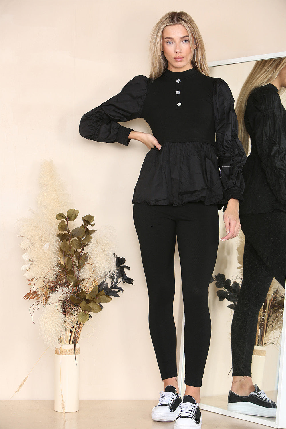 Long Ruched Sleeves Ribbed Peplum Diamond Buttons Frilled Hem Lounge Wear Co-Ord Set 🇬🇧