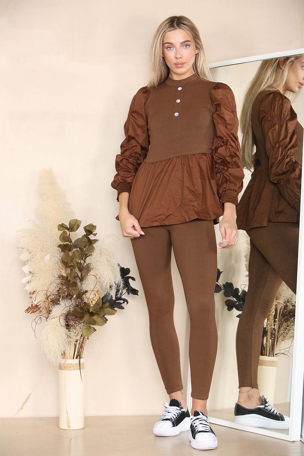 Long Ruched Sleeves Ribbed Peplum Diamond Buttons Frilled Hem Lounge Wear Co-Ord Set 🇬🇧