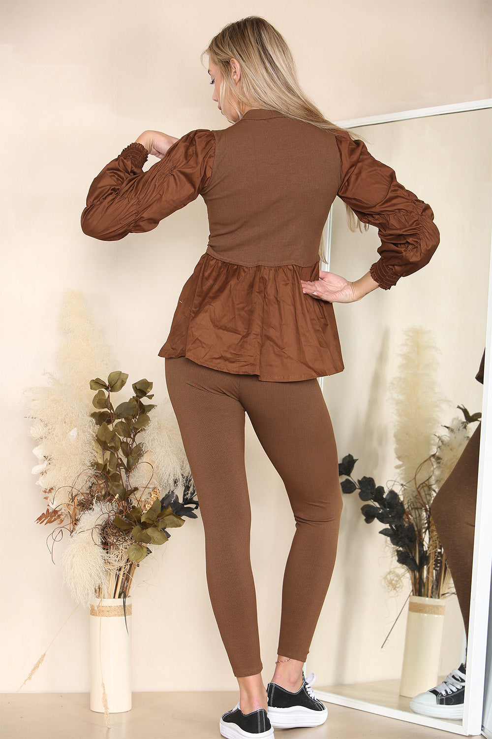 Long Ruched Sleeves Ribbed Peplum Diamond Buttons Frilled Hem Lounge Wear Co-Ord Set 🇬🇧