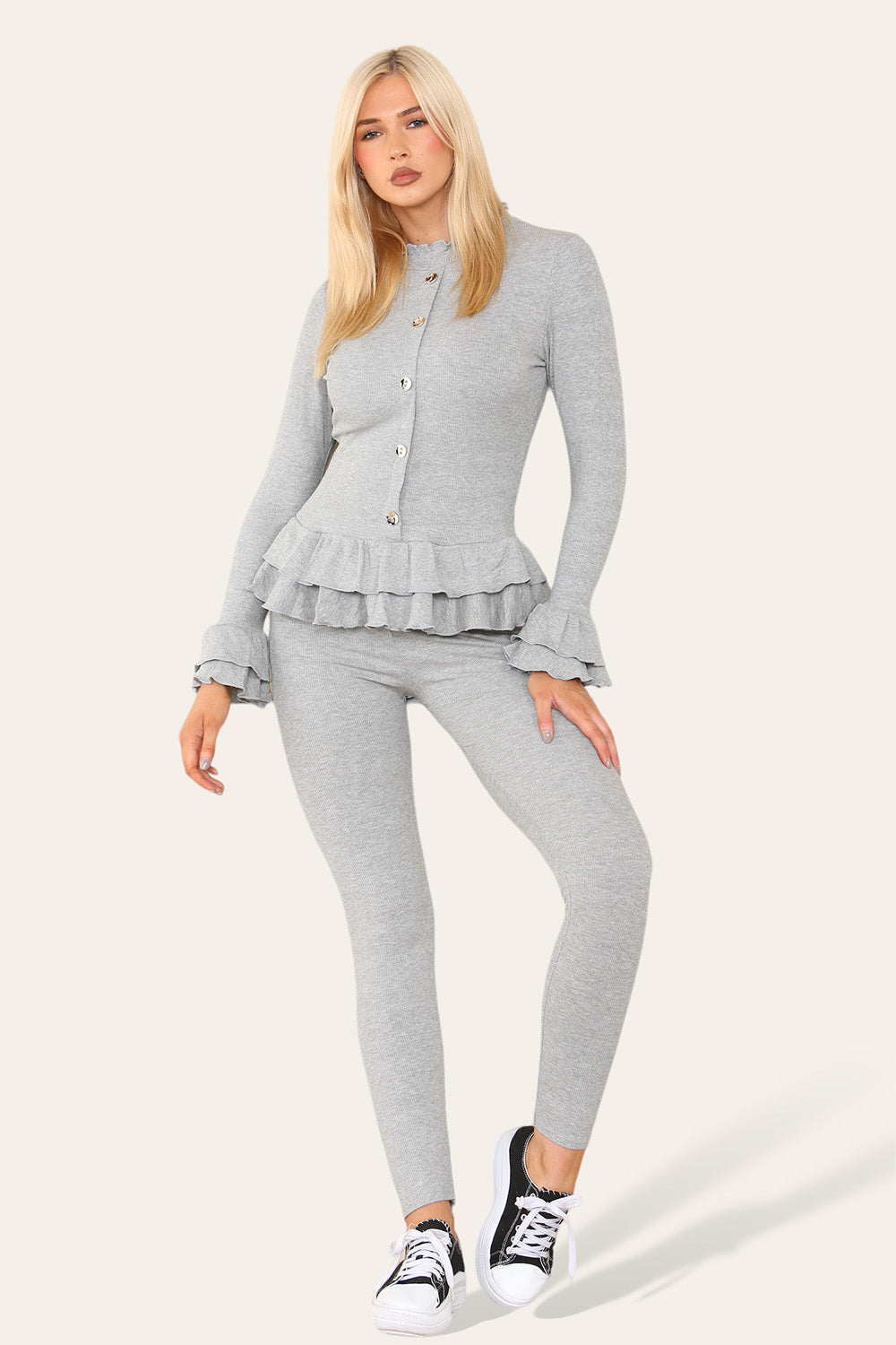 Long Sleeves Peplum Front Buttons Frilled Hem Lounge Wear Set 🇬🇧