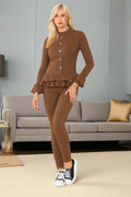 Long Sleeves Peplum Front Buttons Frilled Hem Lounge Wear Set 🇬🇧