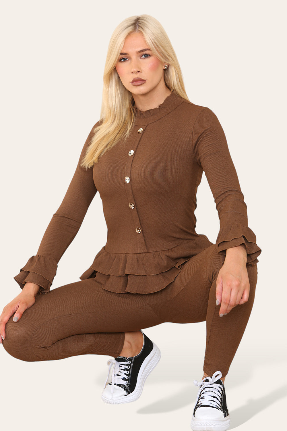 Long Sleeves Peplum Front Buttons Frilled Hem Lounge Wear Set 🇬🇧