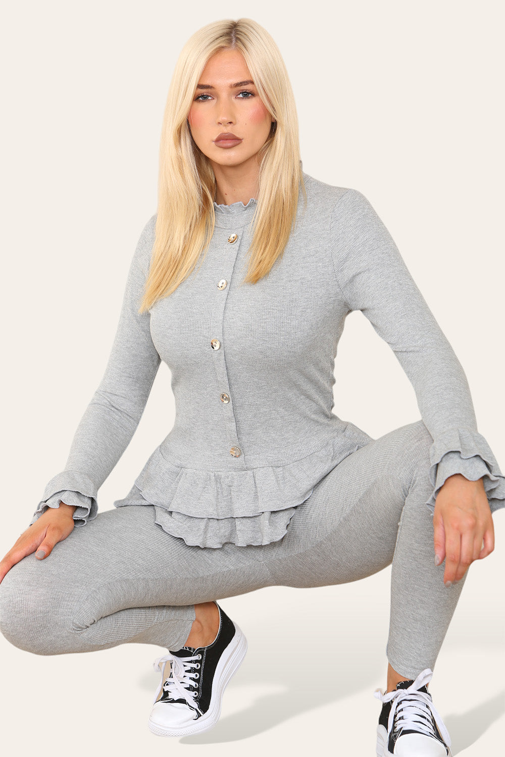 Long Sleeves Peplum Front Buttons Frilled Hem Lounge Wear Set 🇬🇧