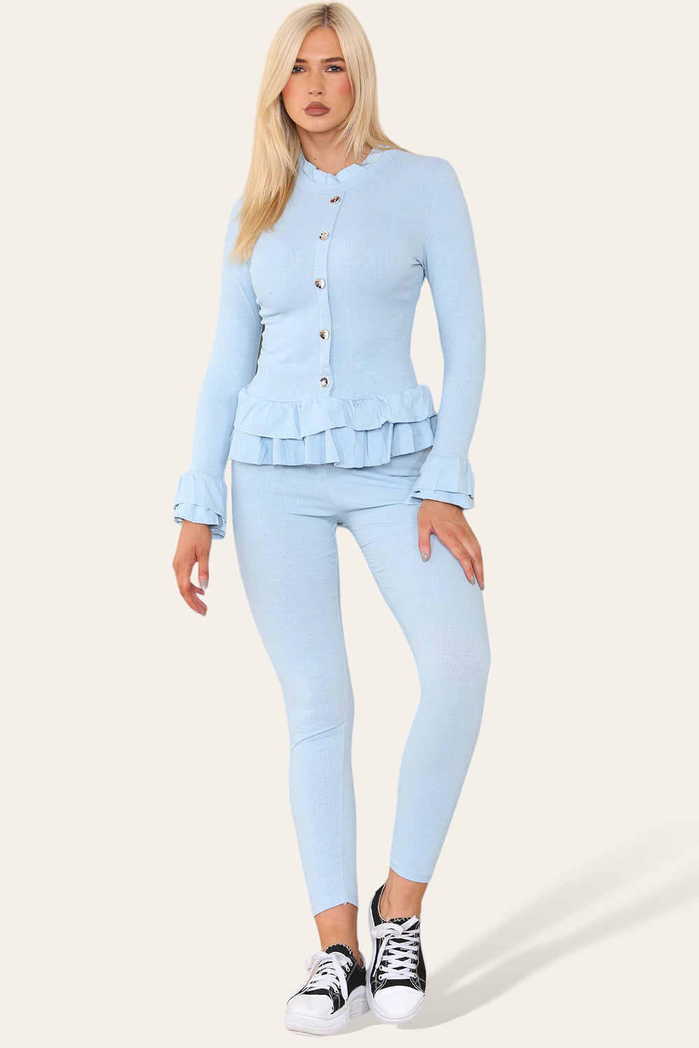 Long Sleeves Peplum Front Buttons Frilled Hem Lounge Wear Set 🇬🇧