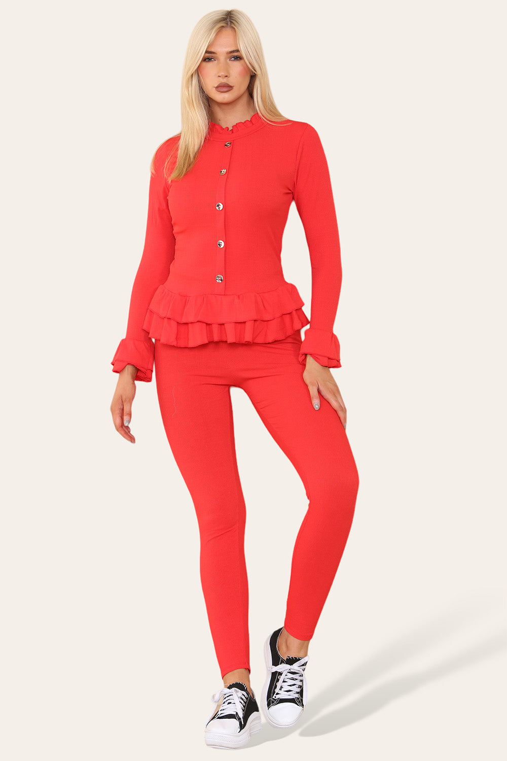 Long Sleeves Peplum Front Buttons Frilled Hem Lounge Wear Set 🇬🇧